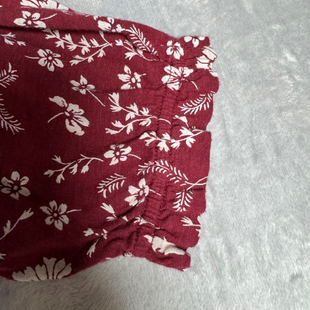 Lucky Brand Womens XS Floral Henley Top Burgundy Short‎ Puff Sleeve Cotton Modal - Picture 5 of 11